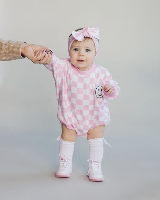 Bubble Romper | Checkered Smiley Pink - Mack & Harvie