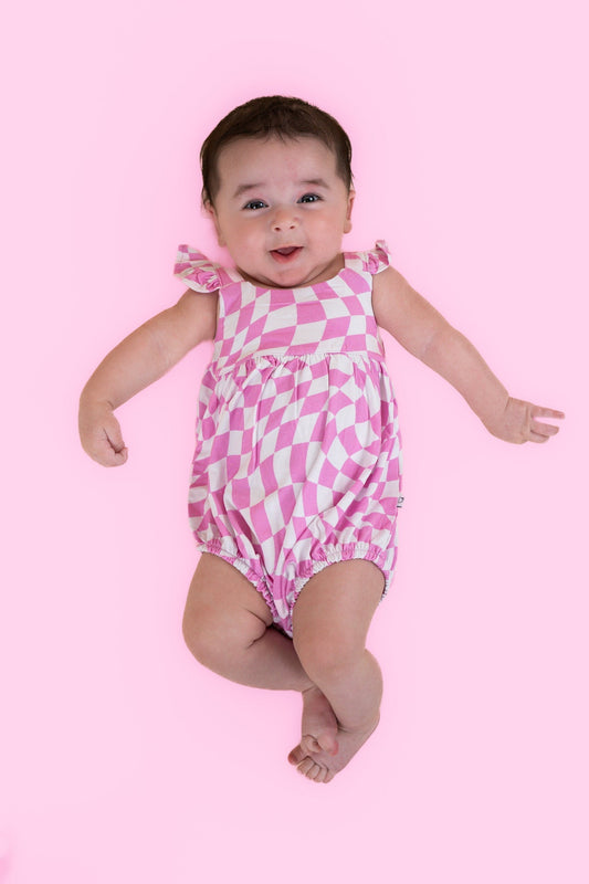 BUBBLEGUM WAVY CHECKERS DREAM BUBBLE ROMPER - Mack & Harvie