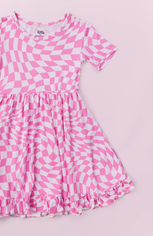 BUBBLEGUM WAVY CHECKERS DREAM RUFFLE DRESS - Mack & Harvie