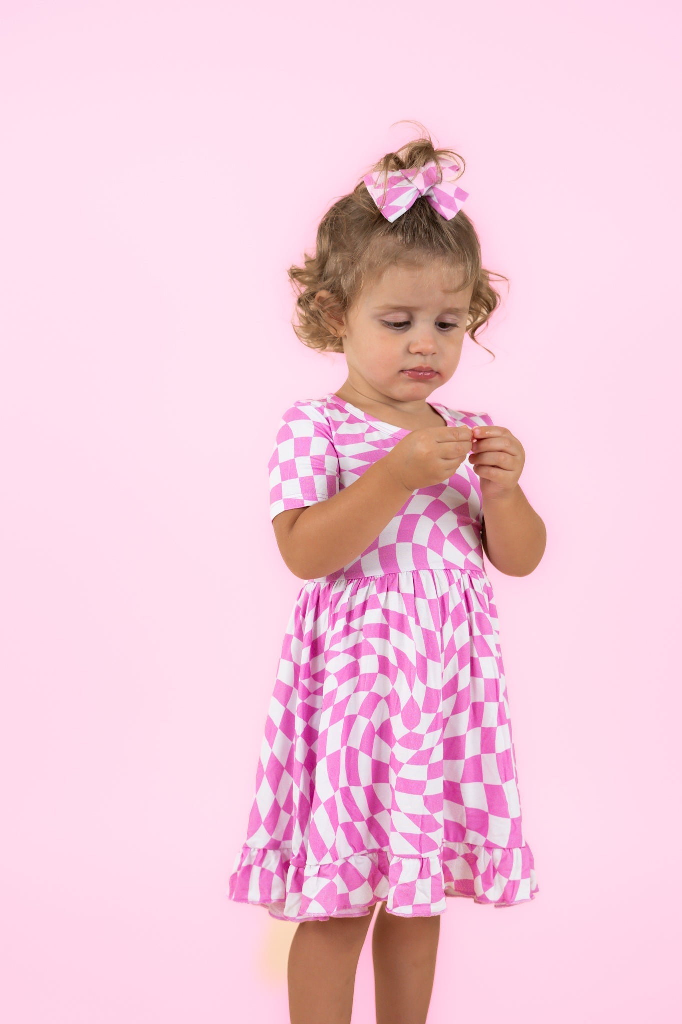 BUBBLEGUM WAVY CHECKERS DREAM RUFFLE DRESS - Mack & Harvie