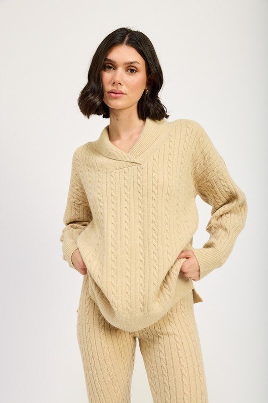 CABLE KNIT COLLARED SWEATER TOP - Mack & Harvie