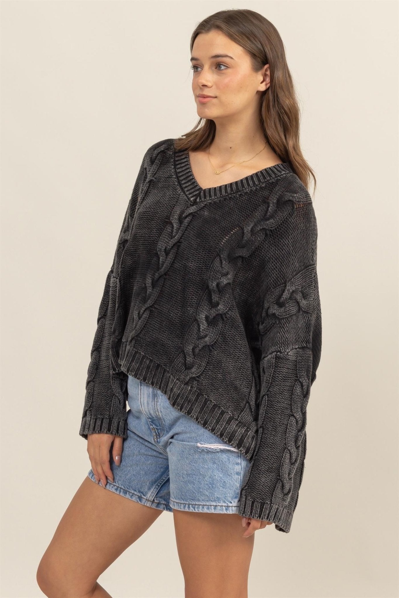 Cable Knit V - Neck Dropped Shoulder Oversized Sweater - Mack & Harvie