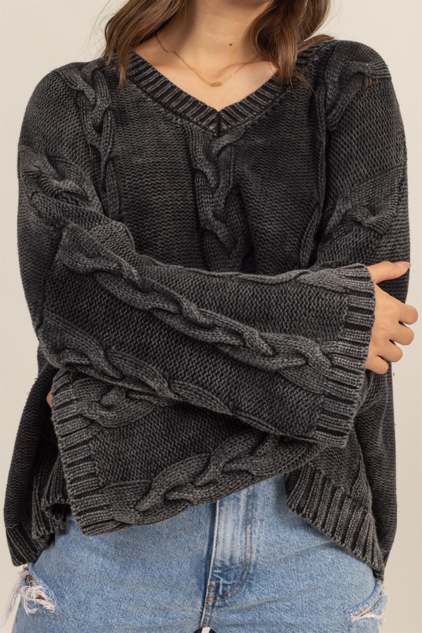 Cable Knit V - Neck Dropped Shoulder Oversized Sweater - Mack & Harvie