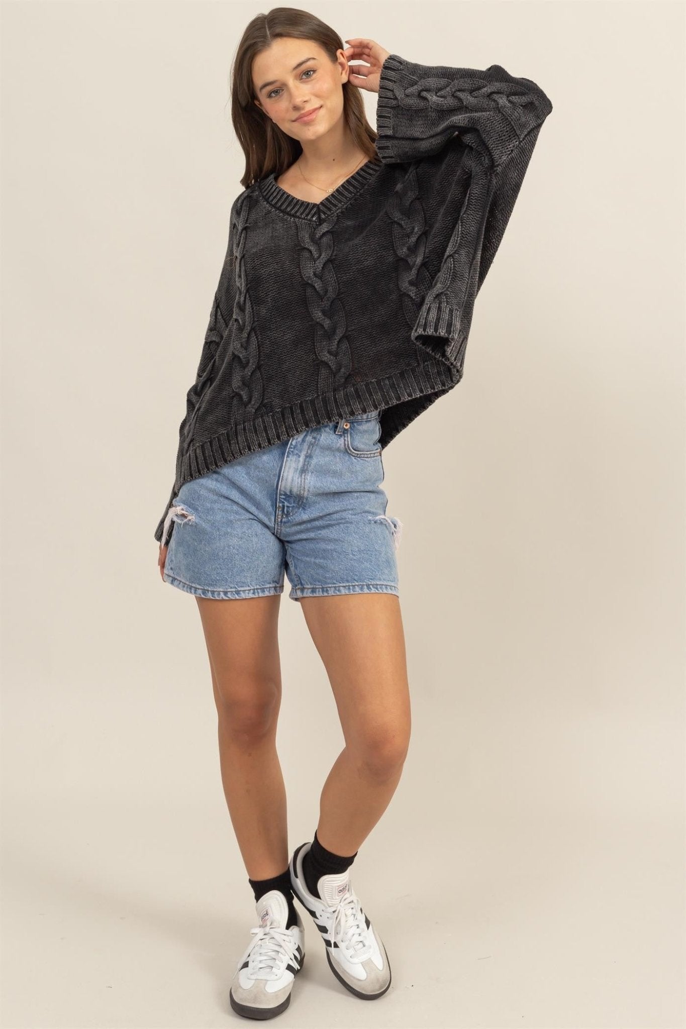 Cable Knit V - Neck Dropped Shoulder Oversized Sweater - Mack & Harvie