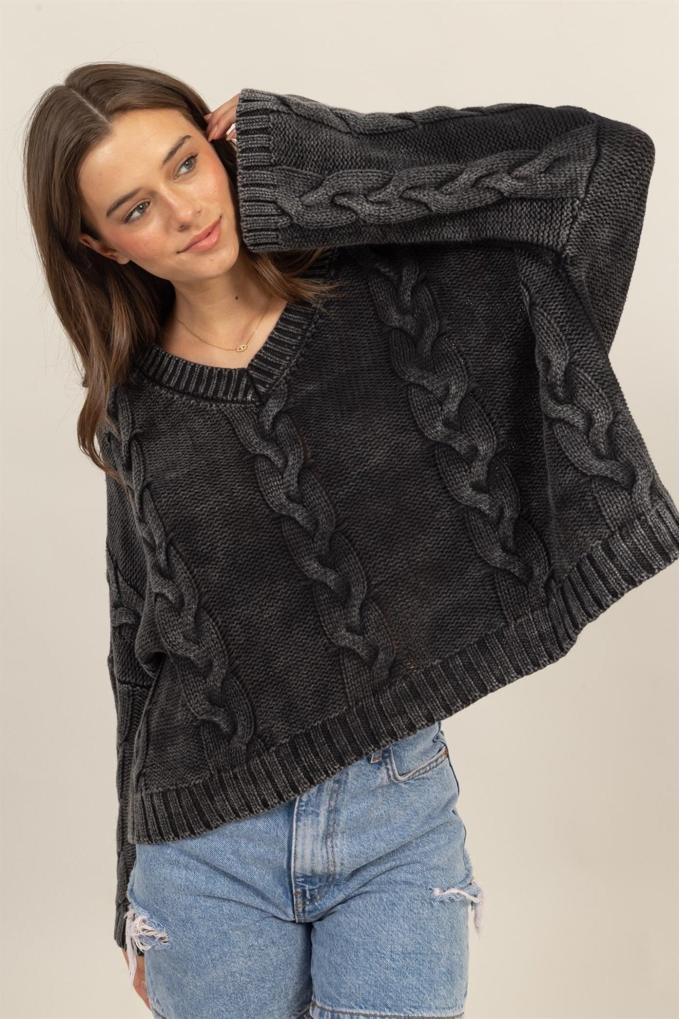 Cable Knit V - Neck Dropped Shoulder Oversized Sweater - Mack & Harvie