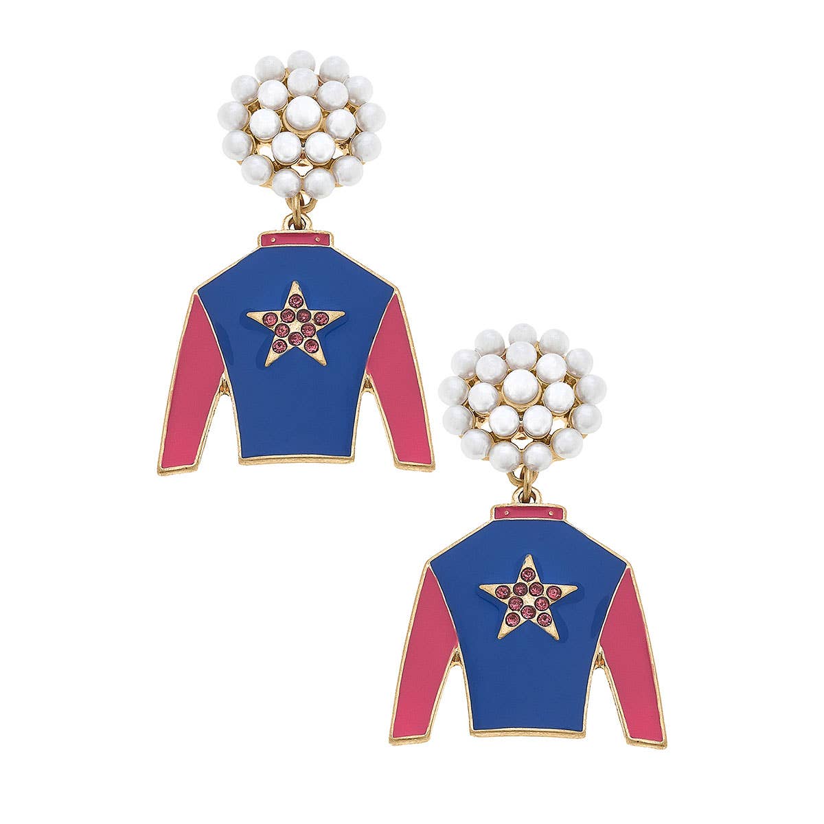 Canvas Style - Risen Star Pearl Cluster Jockey Enamel Earrings in Blue & Fu - Mack & Harvie