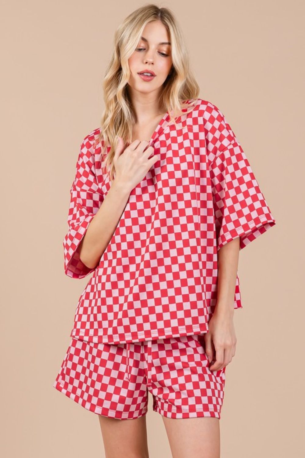 Checkered Round Neck Top and Shorts Set