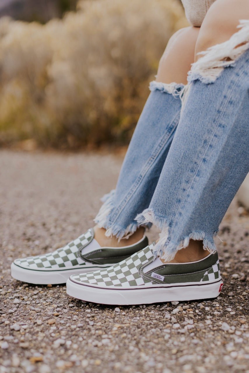 Green checkered slip on vans fashion