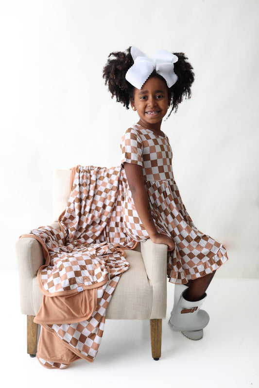 CHESTNUT CHECKERS DREAM RUFFLE DRESS - Mack & Harvie