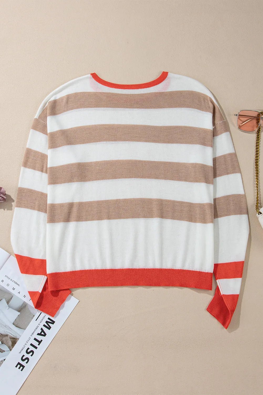 Contrast Striped Round Neck Long Sleeve Knit Top - Mack & Harvie