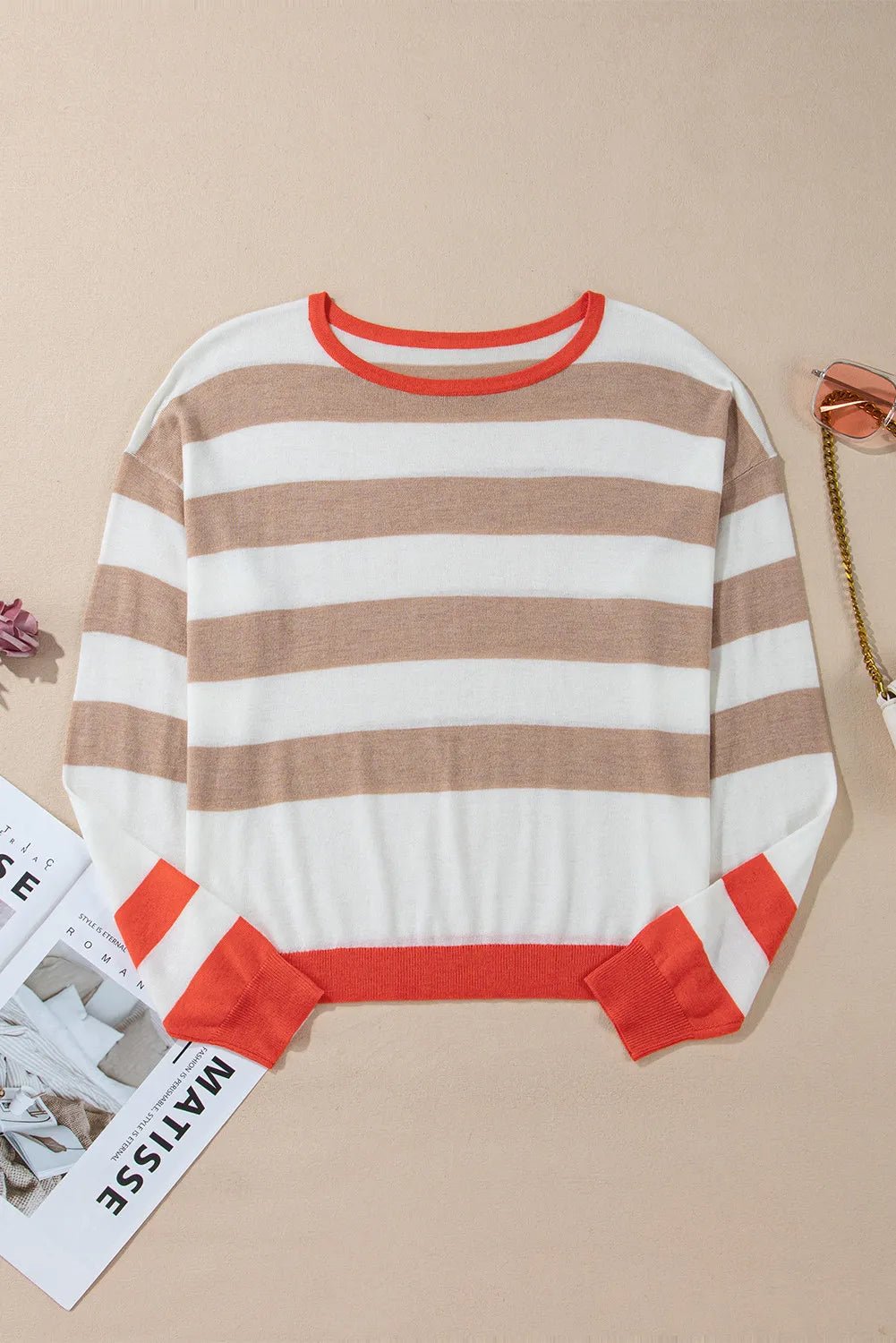 Contrast Striped Round Neck Long Sleeve Knit Top - Mack & Harvie