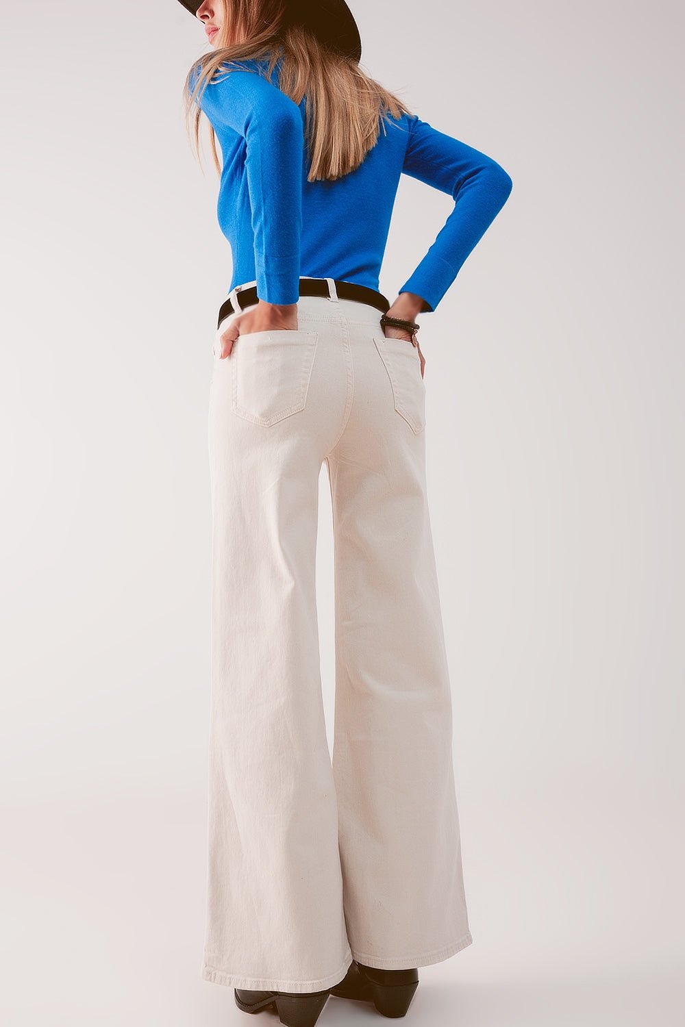 Cotton Blend Wide Leg Jeans in Beige - Mack & Harvie