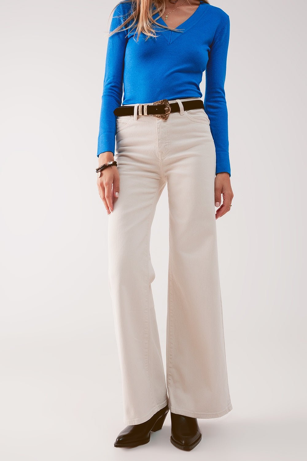 Cotton Blend Wide Leg Jeans in Beige - Mack & Harvie