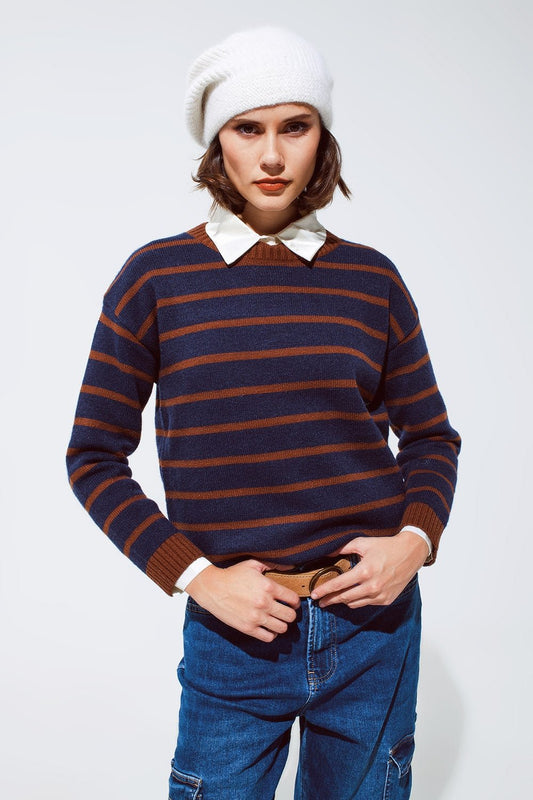 Crew Neck Stripy Sweater in Navy and Rust Orange - Mack & Harvie