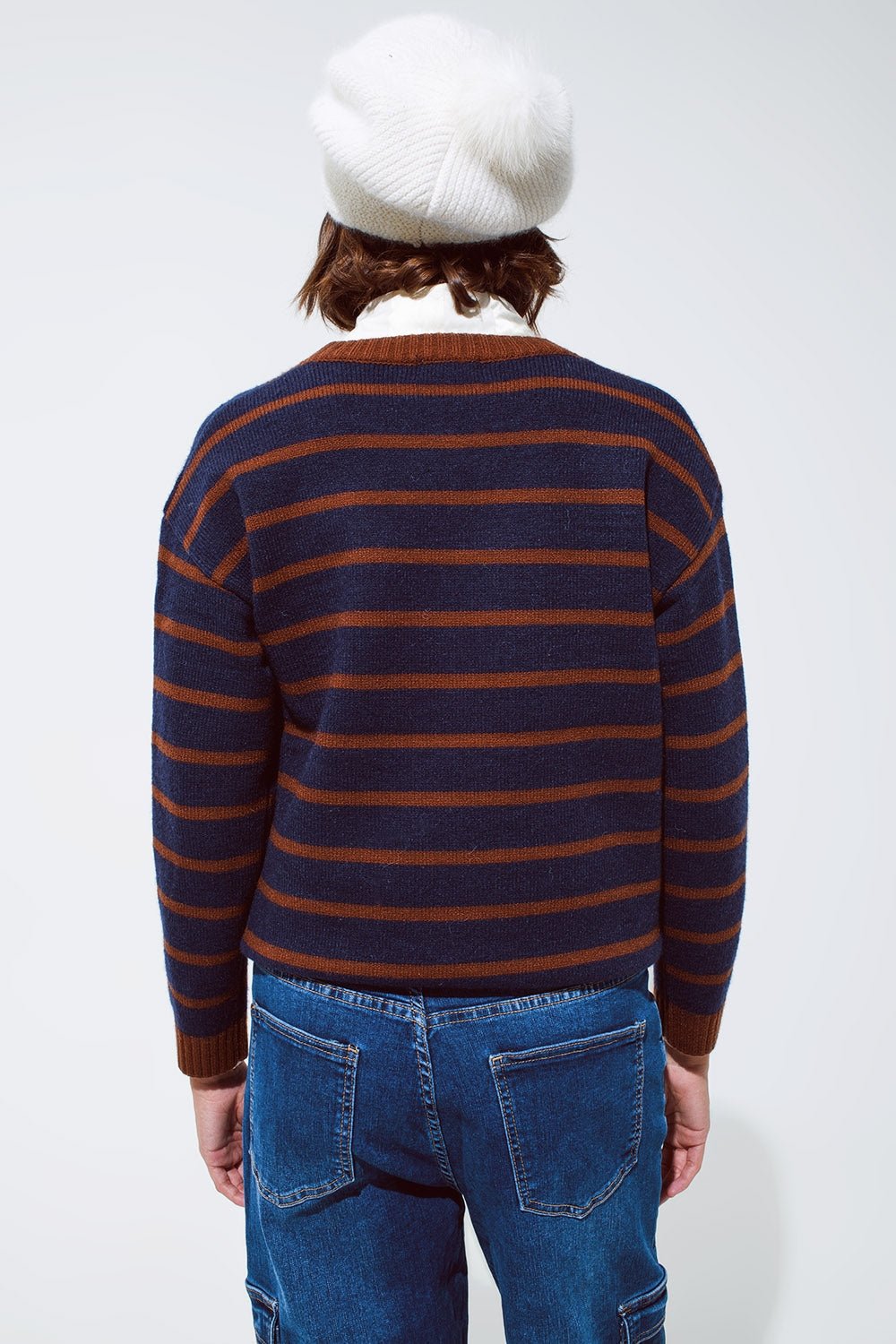 Crew Neck Stripy Sweater in Navy and Rust Orange - Mack & Harvie