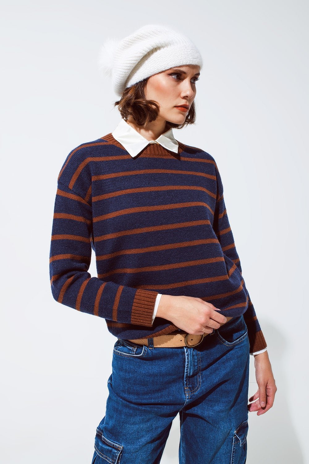 Crew Neck Stripy Sweater in Navy and Rust Orange - Mack & Harvie