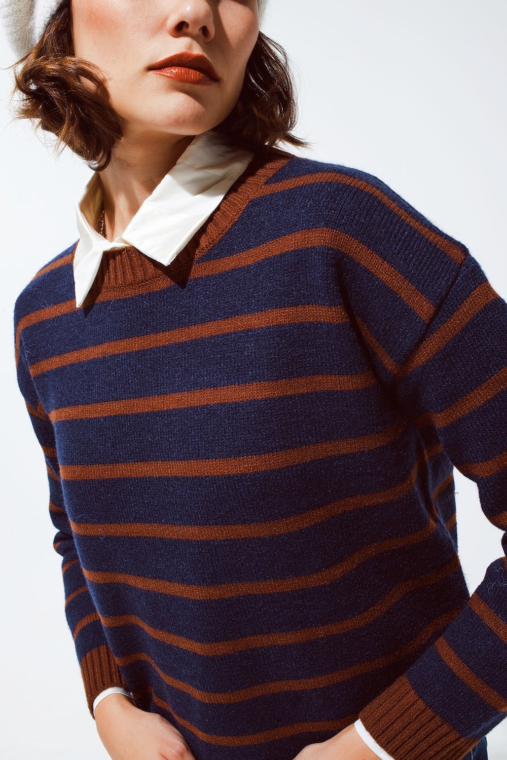 Crew Neck Stripy Sweater in Navy and Rust Orange - Mack & Harvie