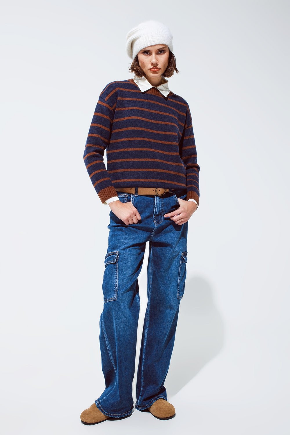 Crew Neck Stripy Sweater in Navy and Rust Orange - Mack & Harvie