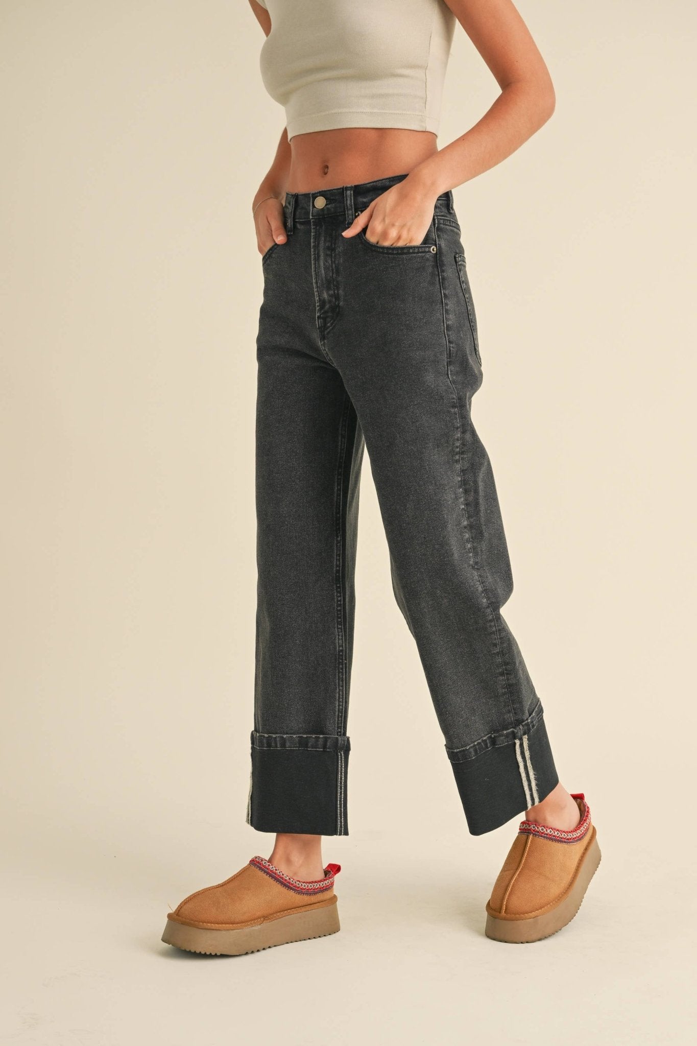 CUFFED BLACK DENIM PANTS - Mack & Harvie