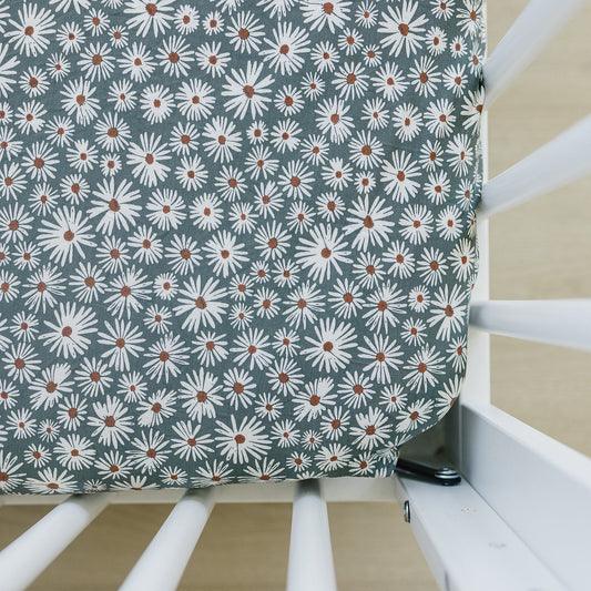 Dark Green Daisy Bamboo Stretch Crib Sheet - Mack & Harvie