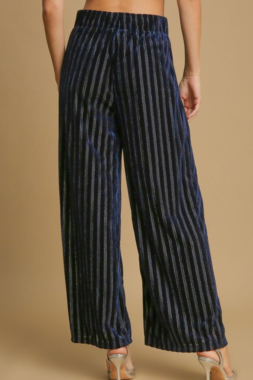 Elastic Waist Striped Wide Leg Velvet Pants