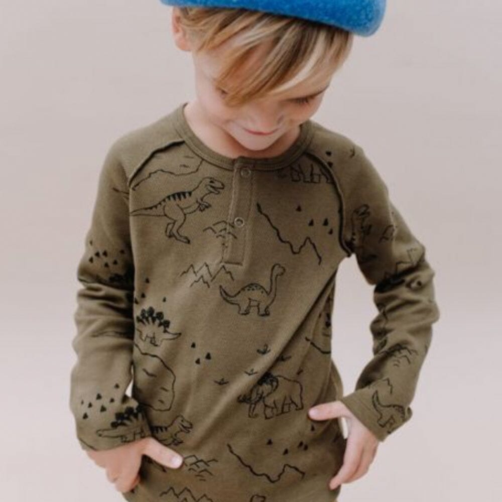 Dino Print Grandad Tee Shirt - Khaki - Mack & Harvie