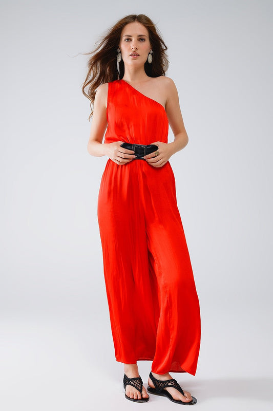 Drapped One Shoulder Jumpsuit With Cinched Waist in Red - Mack & Harvie