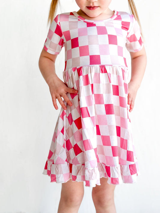 DREAMY PINK CHECKERS DREAM RUFFLE DRESS - Mack & Harvie