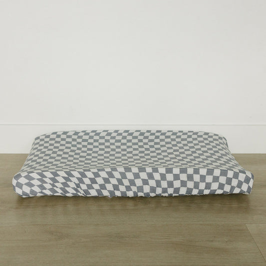 Dusty Blue Wavy Checkered Muslin Changing Pad Cover - Mack & Harvie