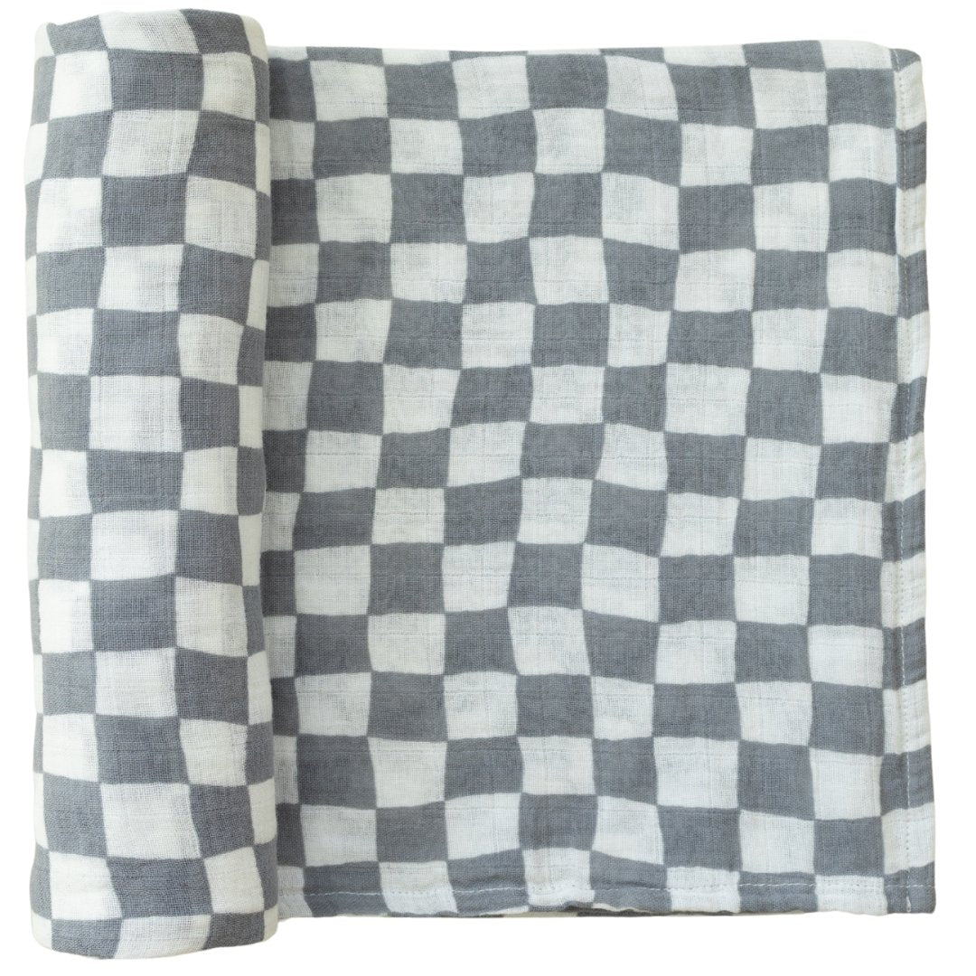 Dusty Blue Wavy Checkered Muslin Swaddle Blanket - Mack & Harvie