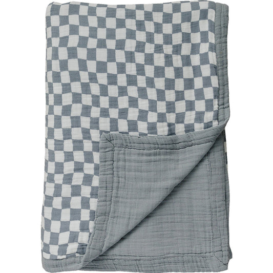 Dusty Blue Wavy Checkered Twin Muslin Quilt - Mack & Harvie