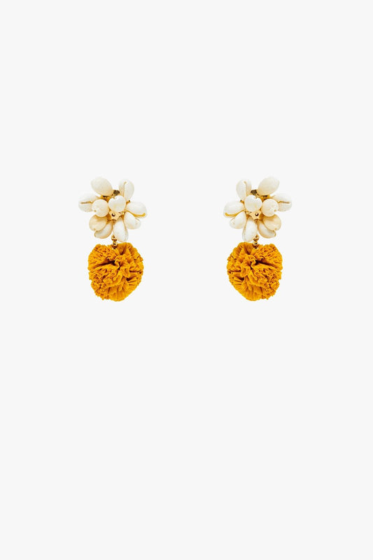 Earrings With Cream Seashells and Yellow Pom Poms - Mack & Harvie