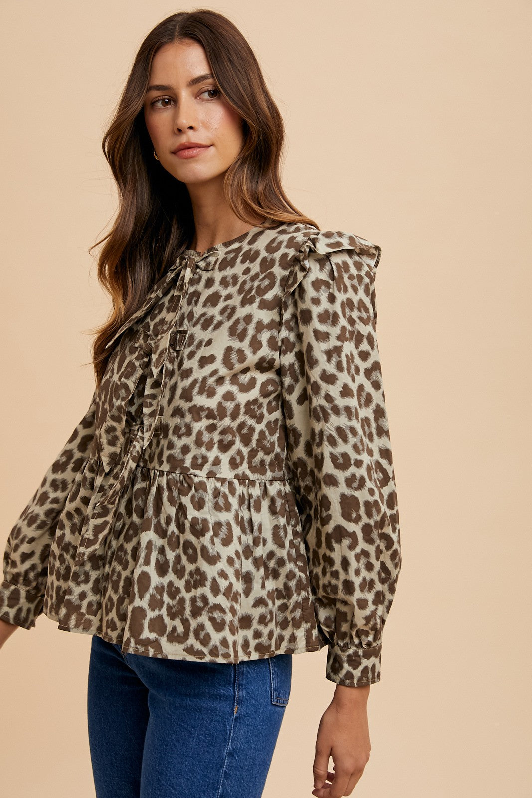 Tied Leopard Round Neck Peplum Blouse