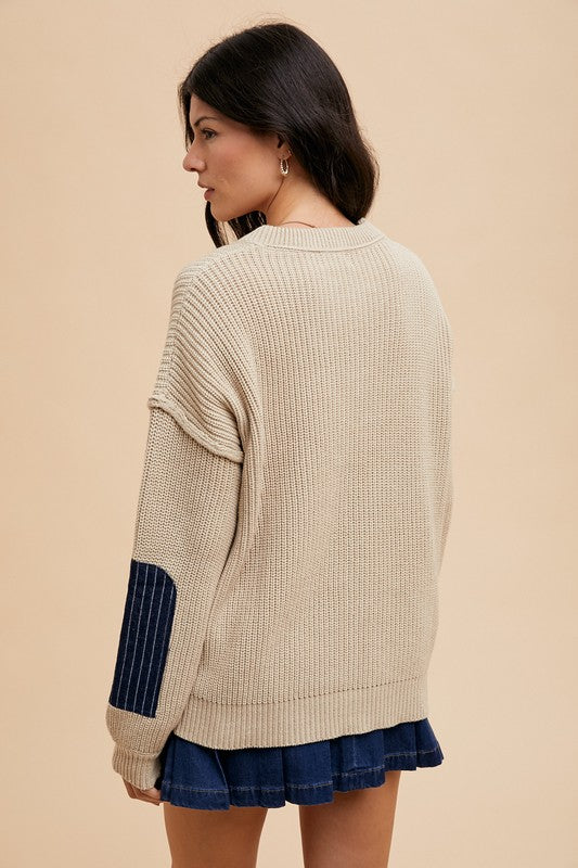 Contrast Round Neck Drop Shoulder Sweater with Patch Pocket