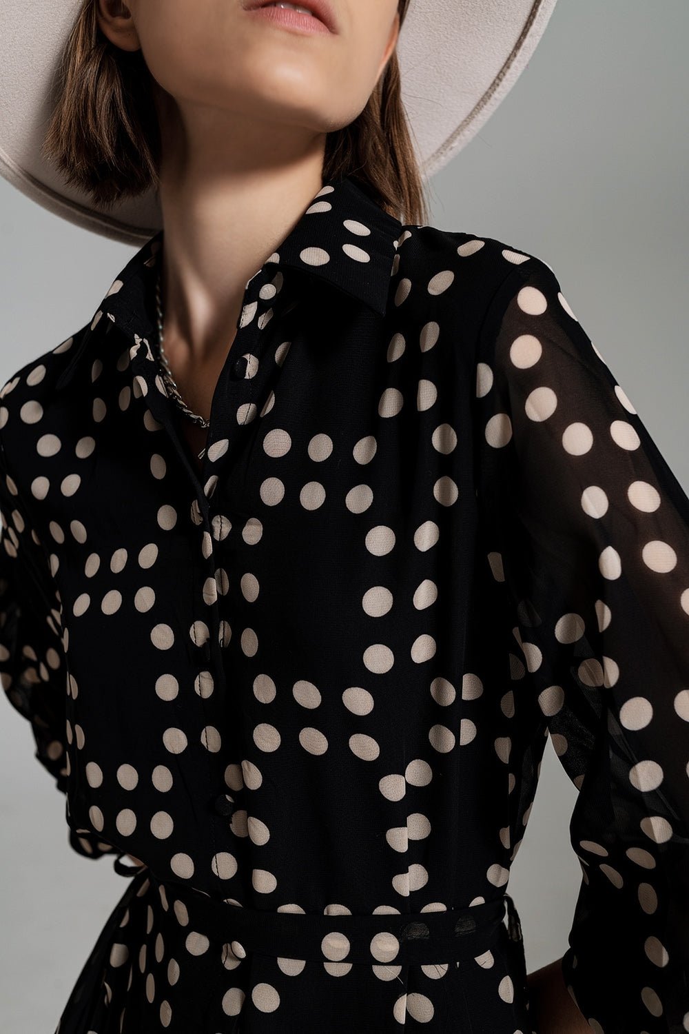 Fit and Frill Polka Dot Dress With Voluminous Sleeves in Black - Mack & Harvie