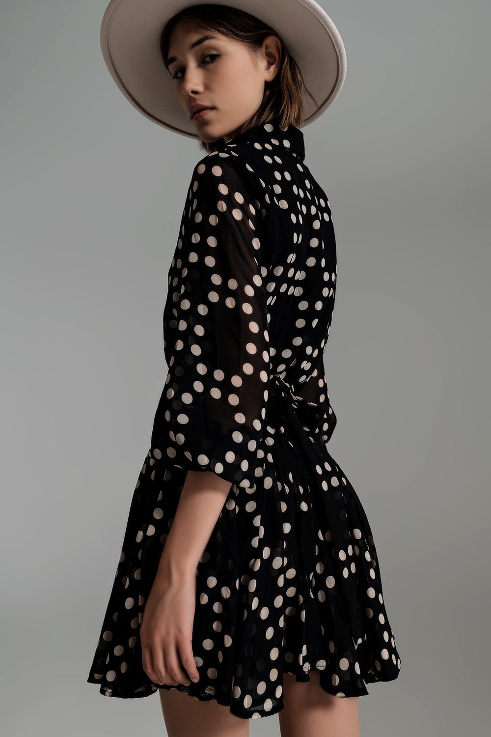 Fit and Frill Polka Dot Dress With Voluminous Sleeves in Black - Mack & Harvie