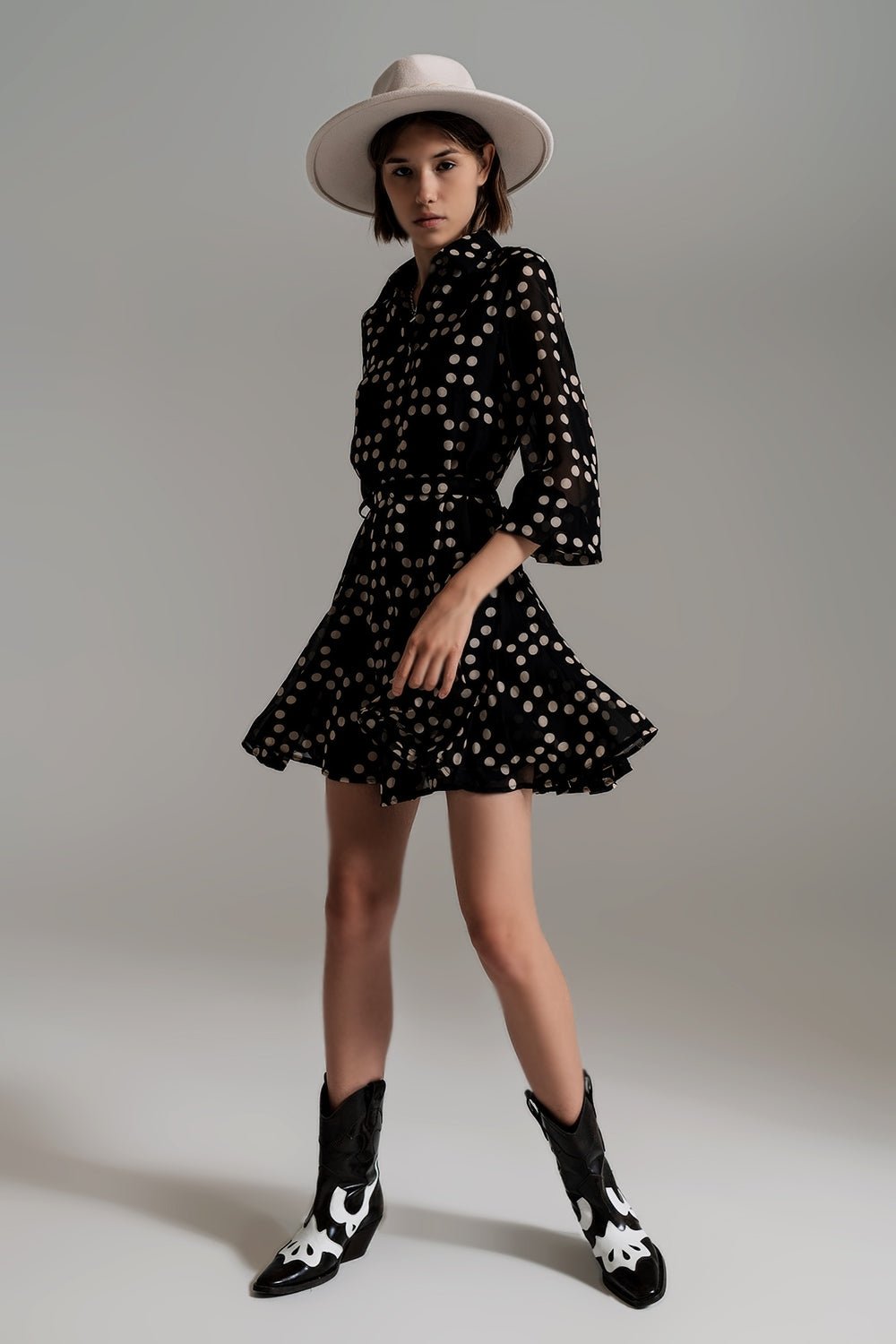 Fit and Frill Polka Dot Dress With Voluminous Sleeves in Black - Mack & Harvie