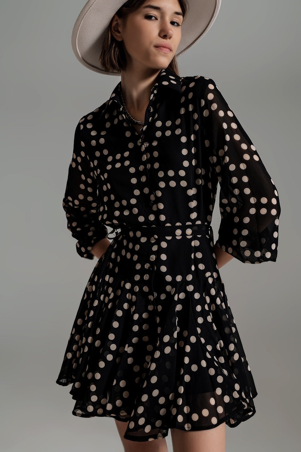 Fit and Frill Polka Dot Dress With Voluminous Sleeves in Black - Mack & Harvie