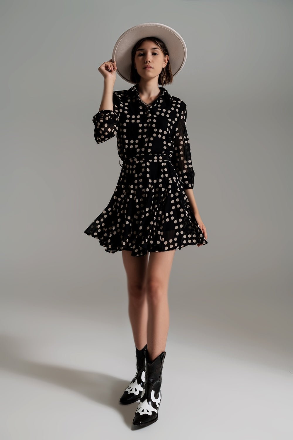 Fit and Frill Polka Dot Dress With Voluminous Sleeves in Black - Mack & Harvie