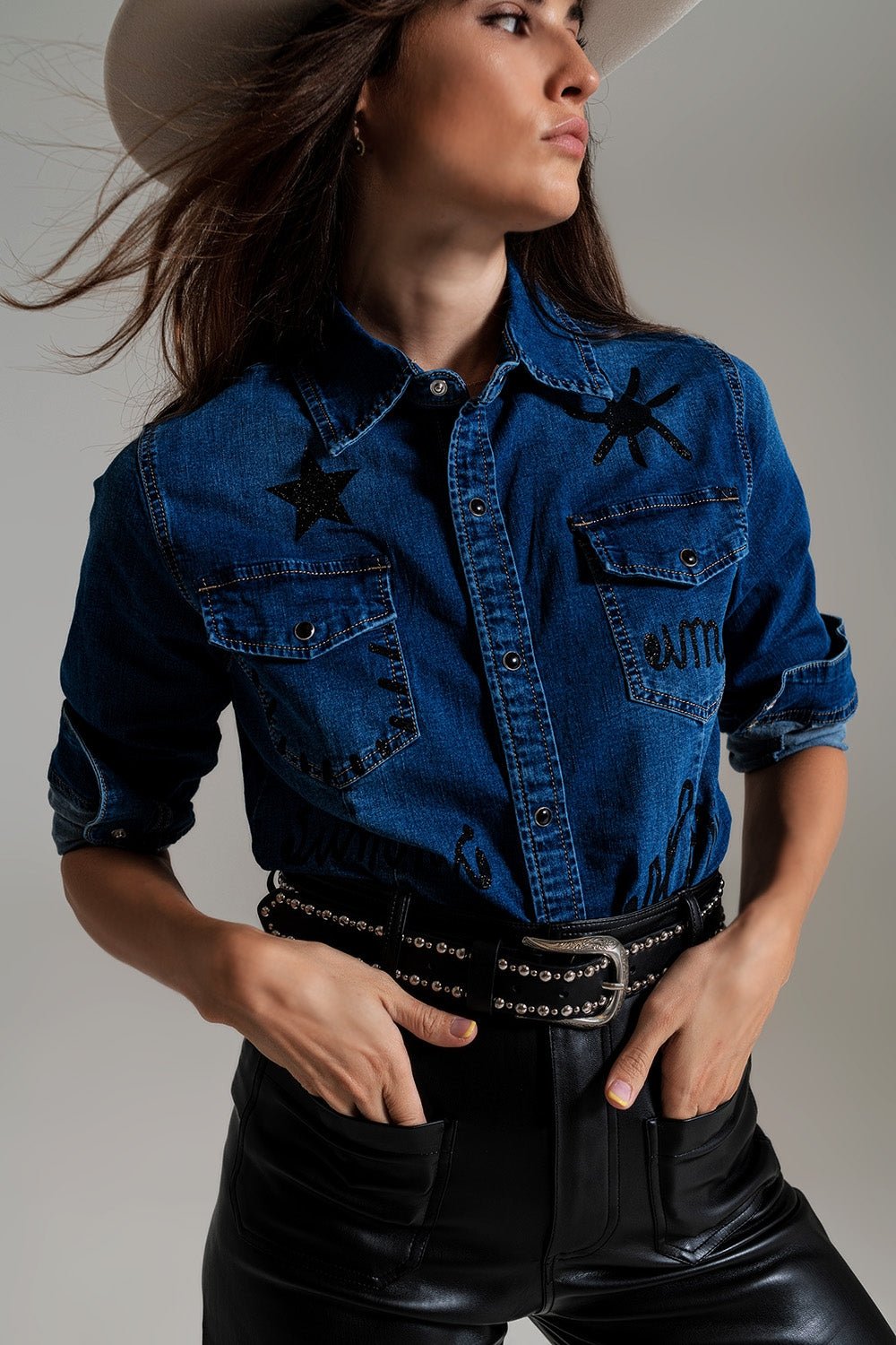 Fitted Denim Shirt With Black Graphic Details With Strass - Mack & Harvie