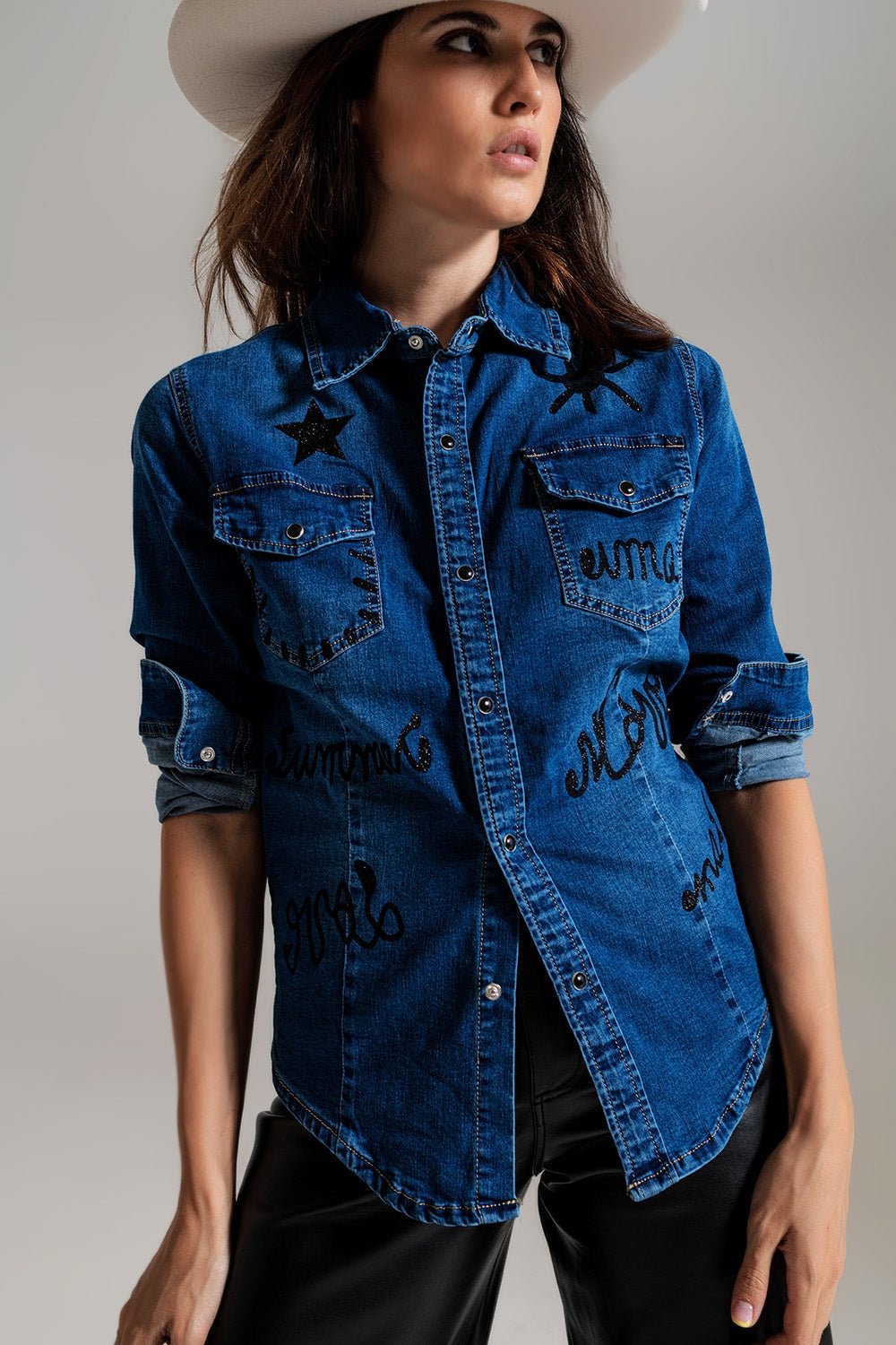 Fitted Denim Shirt With Black Graphic Details With Strass - Mack & Harvie