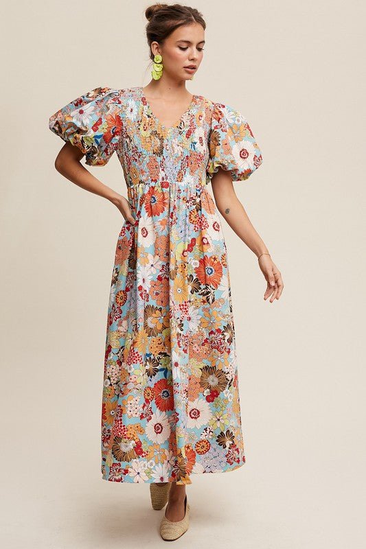 Flower Print Smocked V - neck Puff Sleeve Maxi Dress - Mack & Harvie