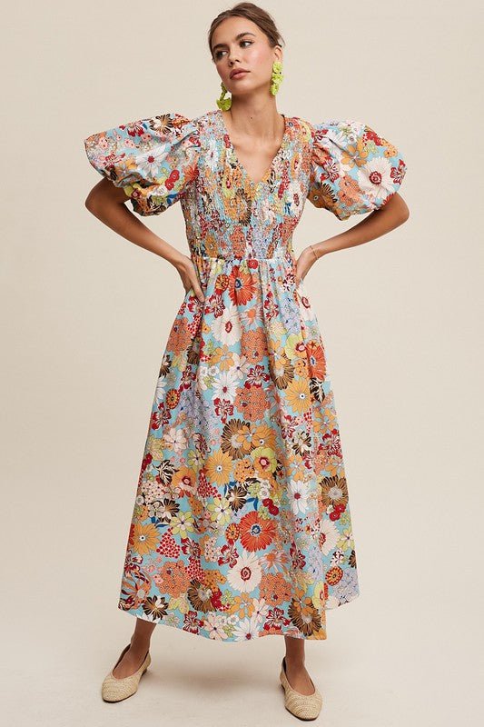 Flower Print Smocked V - neck Puff Sleeve Maxi Dress - Mack & Harvie