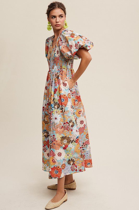 Flower Print Smocked V - neck Puff Sleeve Maxi Dress - Mack & Harvie