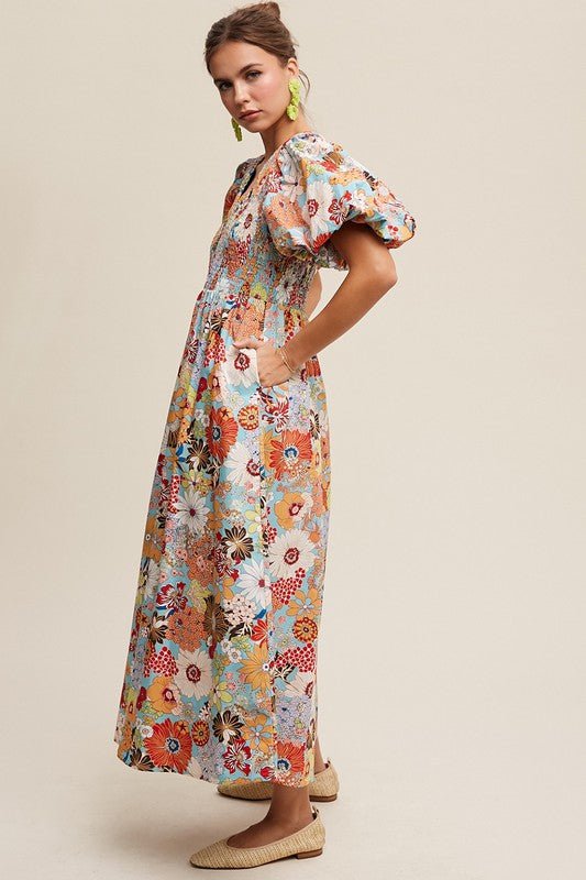 Flower Print Smocked V - neck Puff Sleeve Maxi Dress - Mack & Harvie