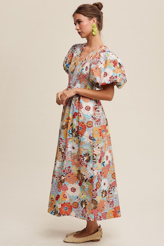 Flower Print Smocked V - neck Puff Sleeve Maxi Dress - Mack & Harvie