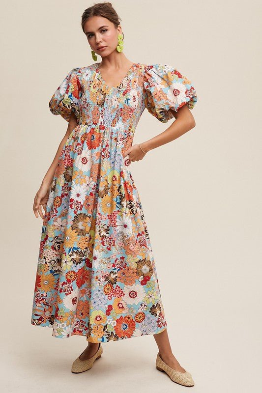 Flower Print Smocked V - neck Puff Sleeve Maxi Dress - Mack & Harvie