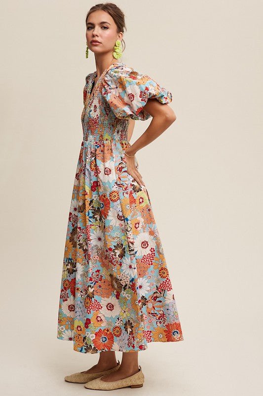 Flower Print Smocked V - neck Puff Sleeve Maxi Dress - Mack & Harvie