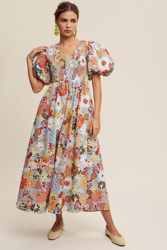 Flower Print Smocked V - neck Puff Sleeve Maxi Dress - Mack & Harvie