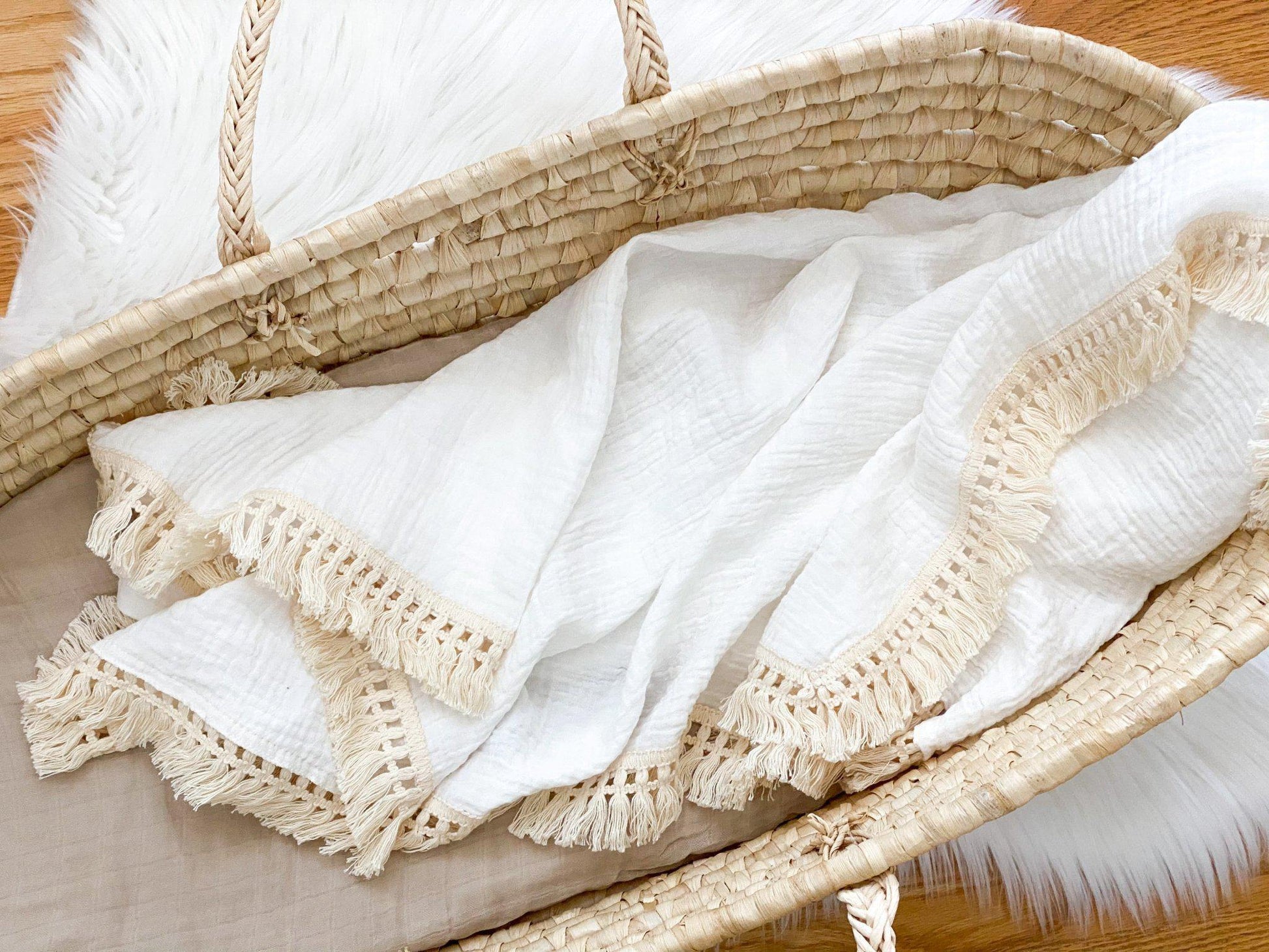 Fringe Swaddle Blanket - White - Mack & Harvie